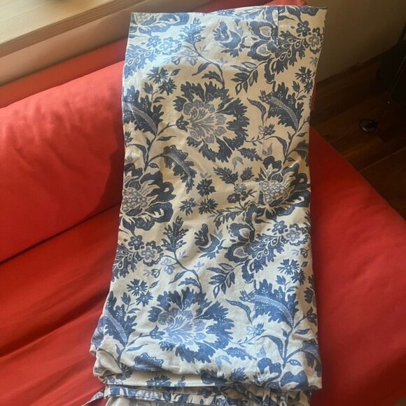 Pottery Barn Full/Queen Blue Block Floral Linen/Cotton Duvet Cover - Picture 1 of 4